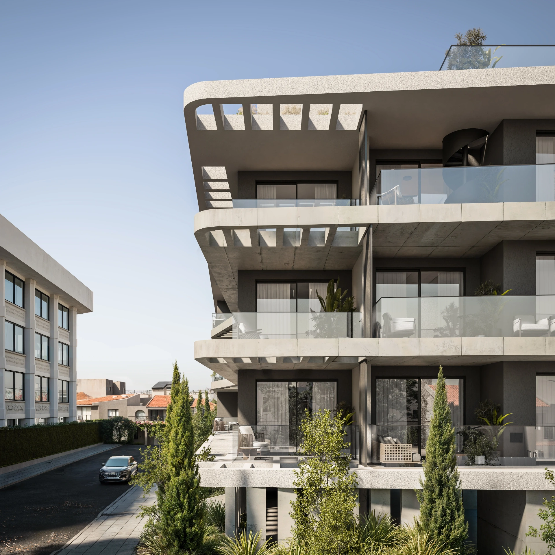 NEON cantilevered balconies and architectural detail