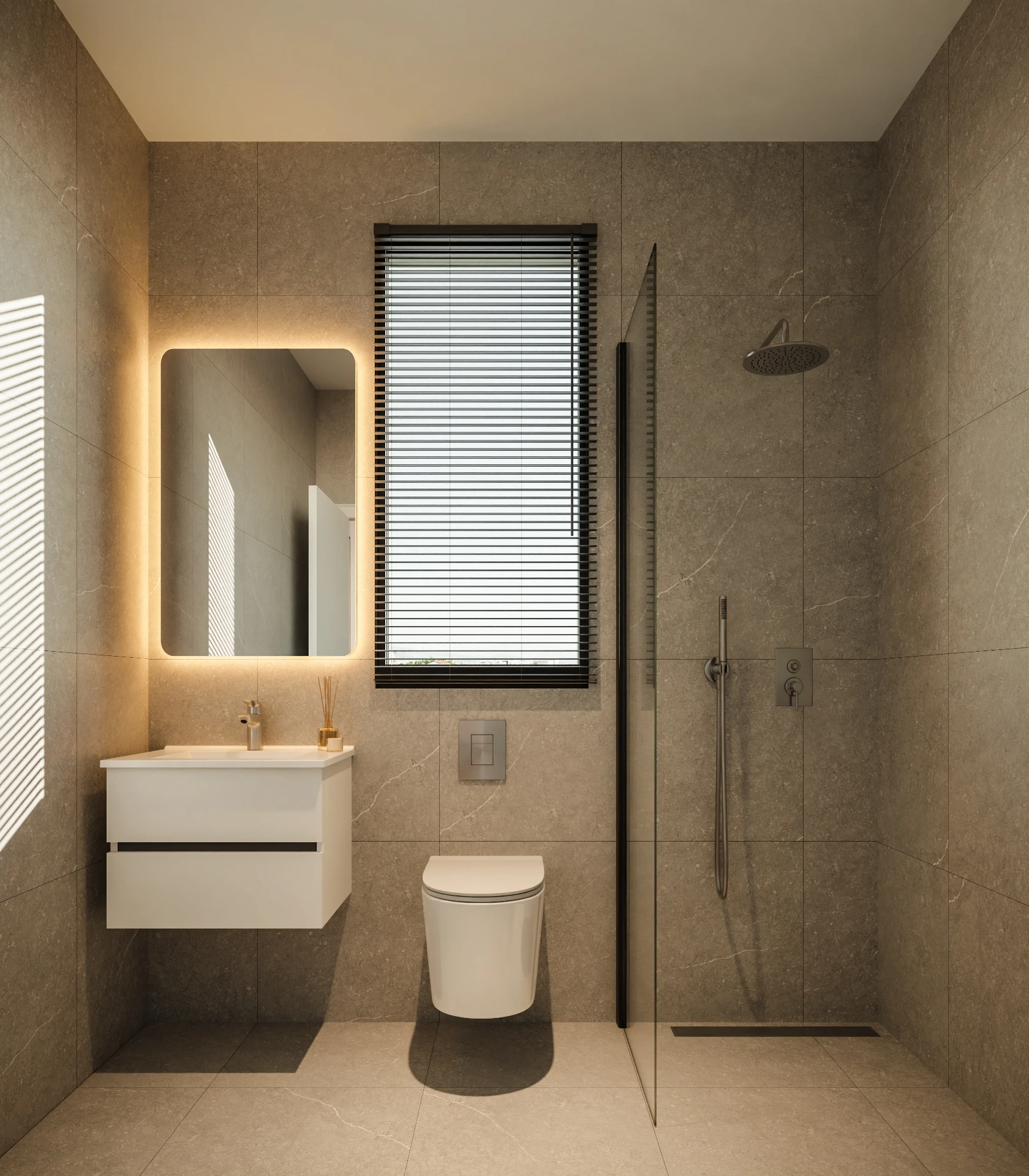 NEON stone-clad bathroom with walk-in shower