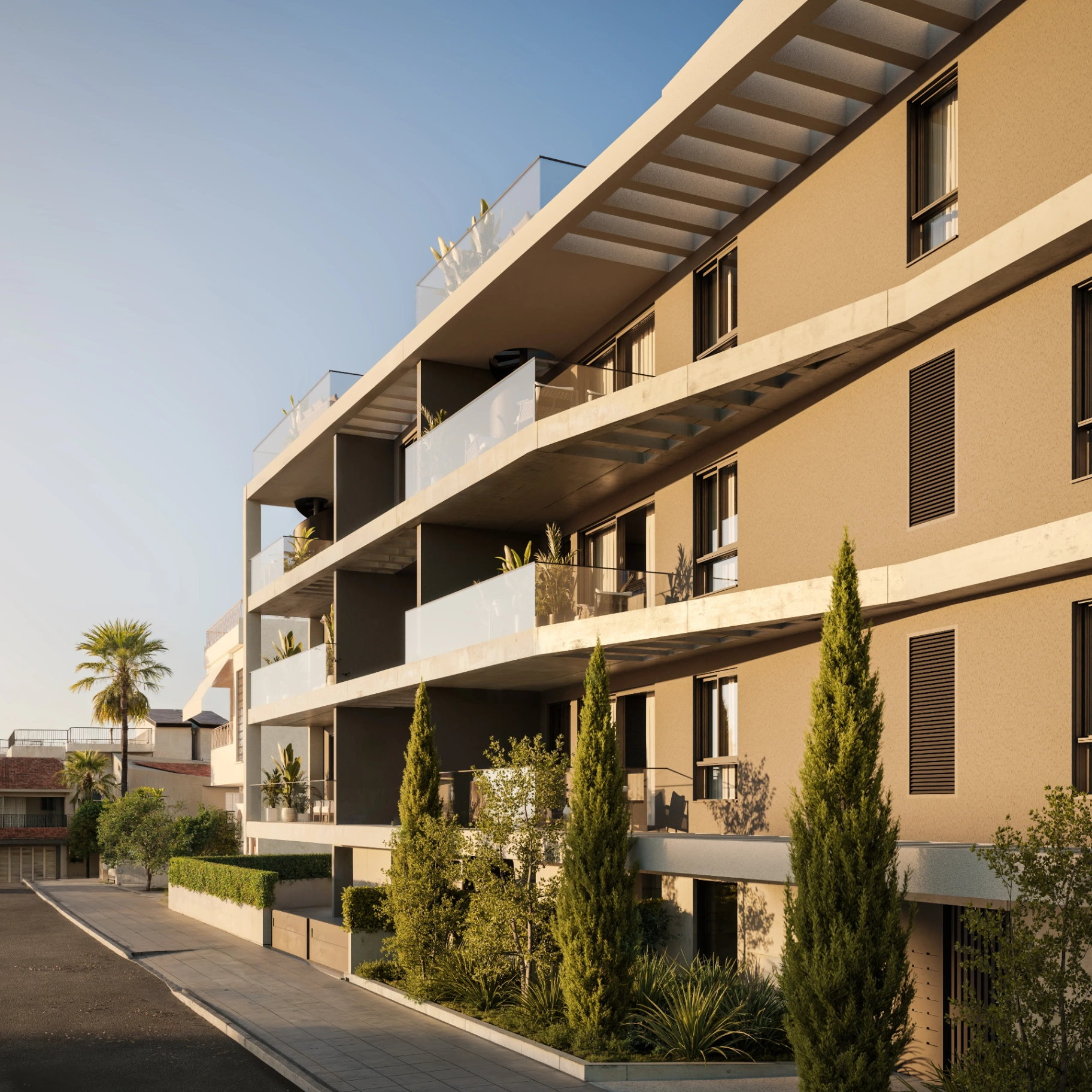 NEON facade with cypress trees and balconies